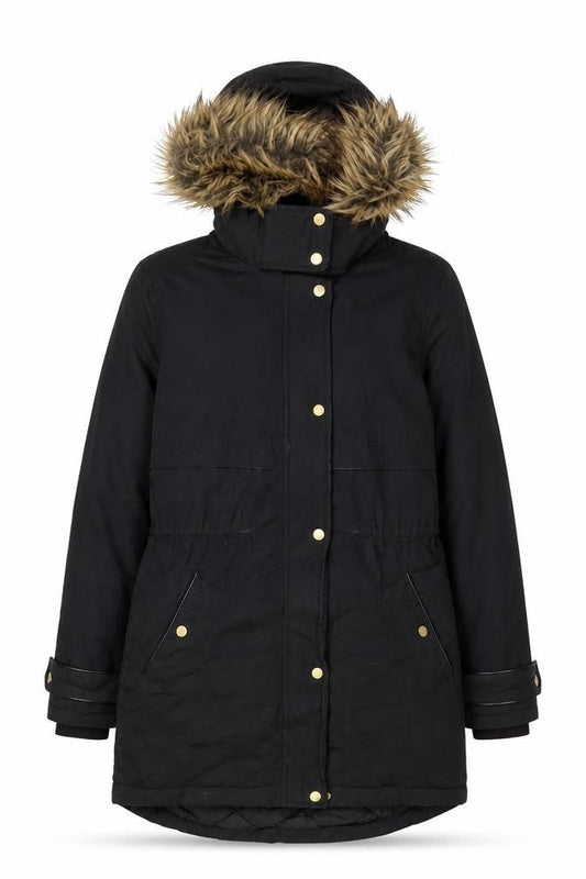 Oasis Women’s Black Fur Trim Parka Coat XS Long Hooded Winter Warm