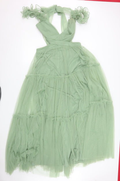 F&P Women Green Maxi Halter Tulle Layered Party Dress L