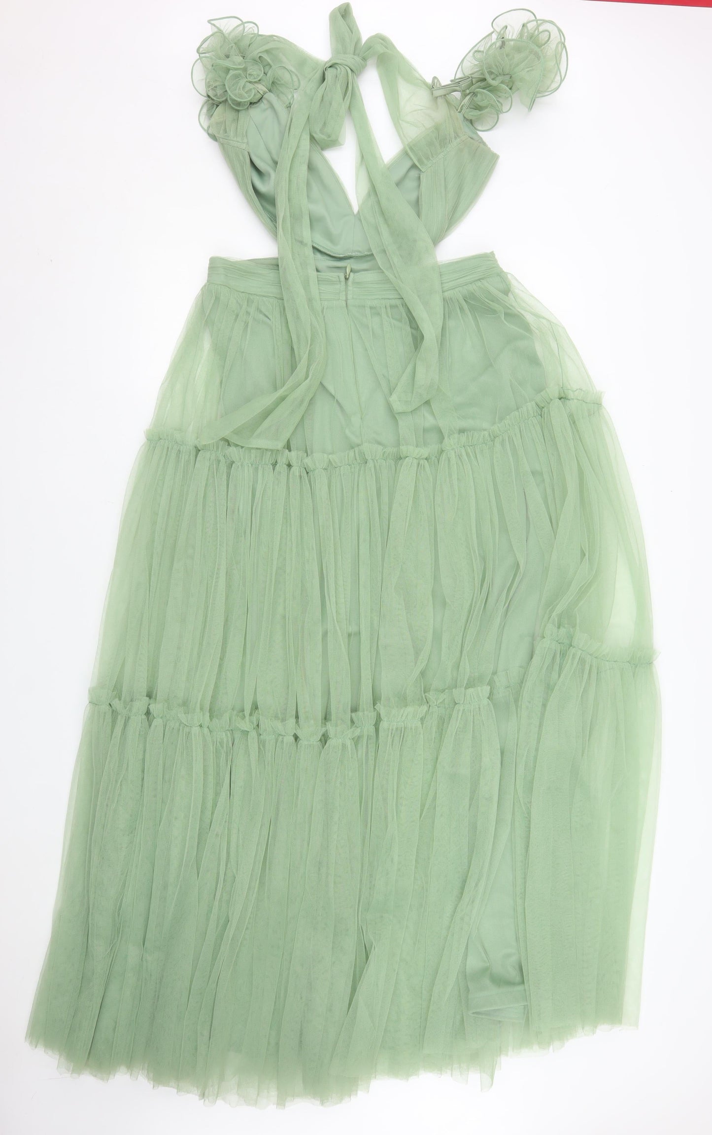 F&P Women Green Maxi Halter Tulle Layered Party Dress L