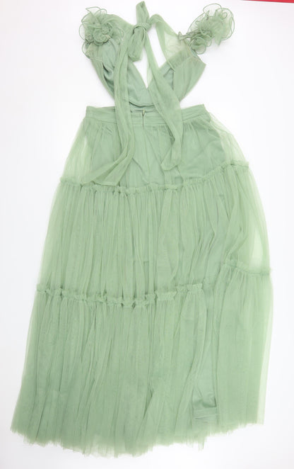 F&P Women Green Maxi Halter Tulle Layered Party Dress L