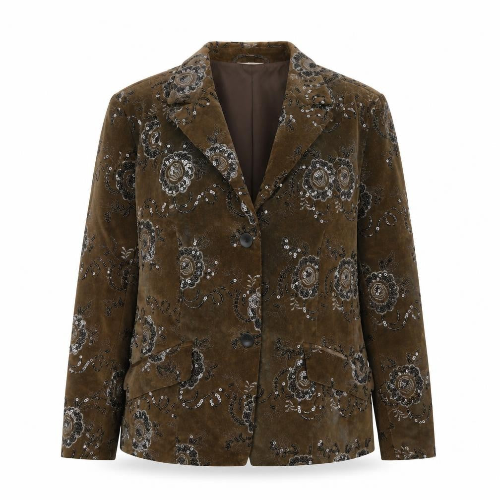 Laura Lebek Women's Brown Floral Velvet Blazer Size 18 Lined Single Breasted