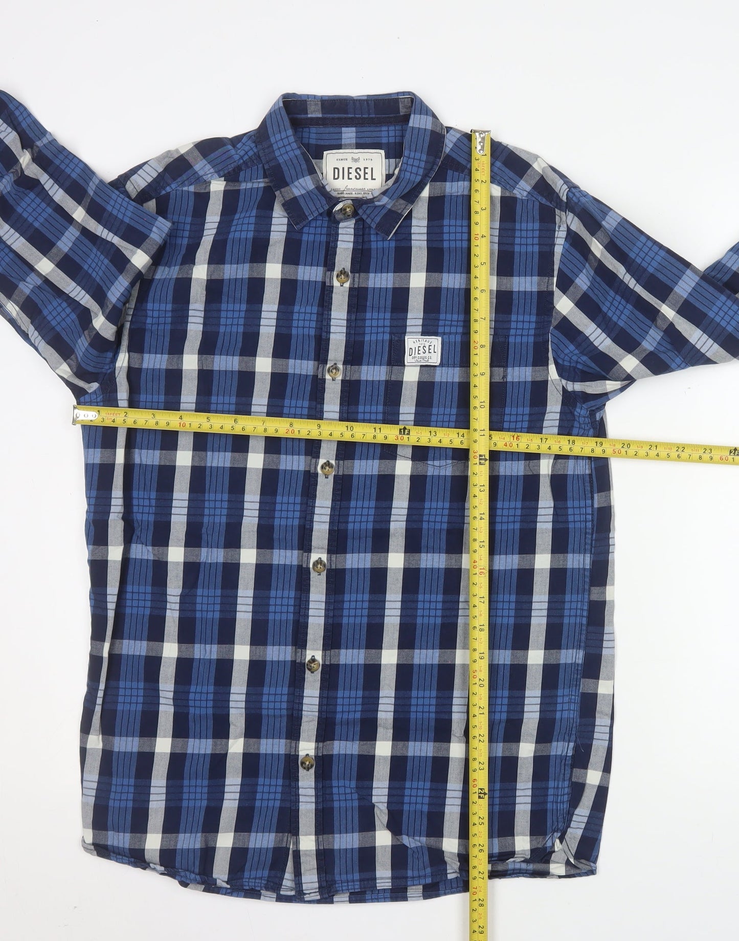 Diesel Men's Blue Checked Cotton Long Sleeve Button-Up Shirt M