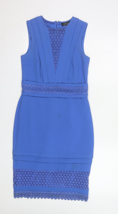Warehouse Women's Blue Lace Panel Sleeveless Sheath Dress UK 8