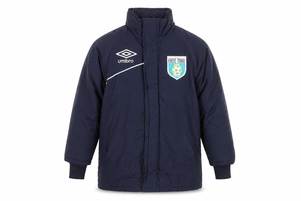 Front view of Umbro boys’ blue waterproof hooded puffer jacket 2xs winter football coat