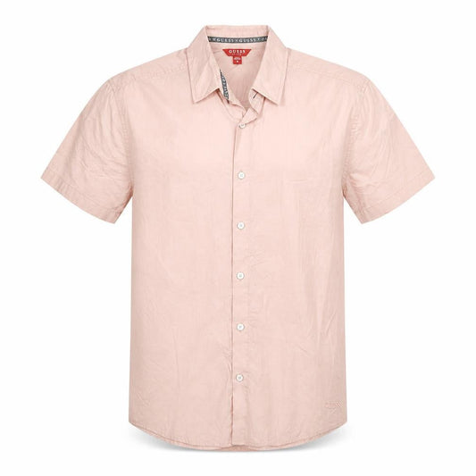 Front view of Guess Men Pink Short Sleeve Regular Fit Button-Up Shirt, size M