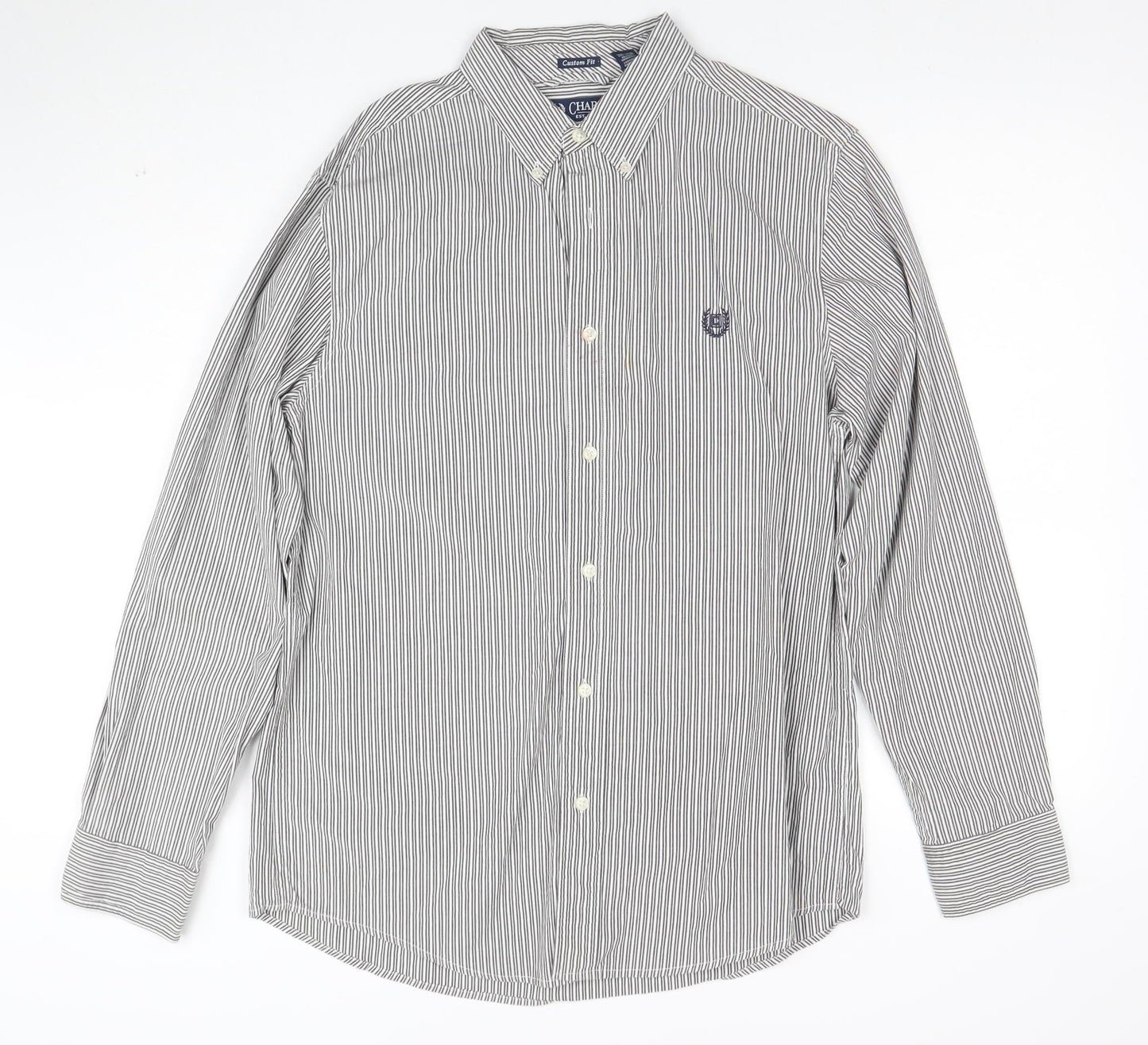 Chaps Men's Grey White Striped Cotton Long Sleeve Button-Up Shirt M