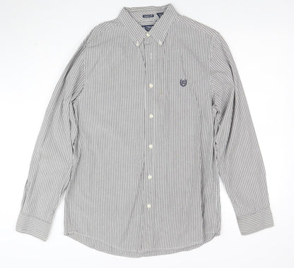 Chaps Men's Grey White Striped Cotton Long Sleeve Button-Up Shirt M