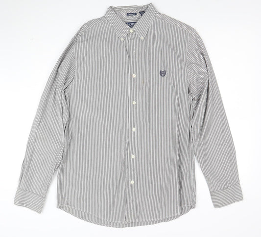 Chaps Men's Grey White Striped Cotton Long Sleeve Button-Up Shirt M