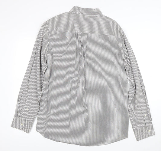 Chaps Men's Grey White Striped Cotton Long Sleeve Button-Up Shirt M