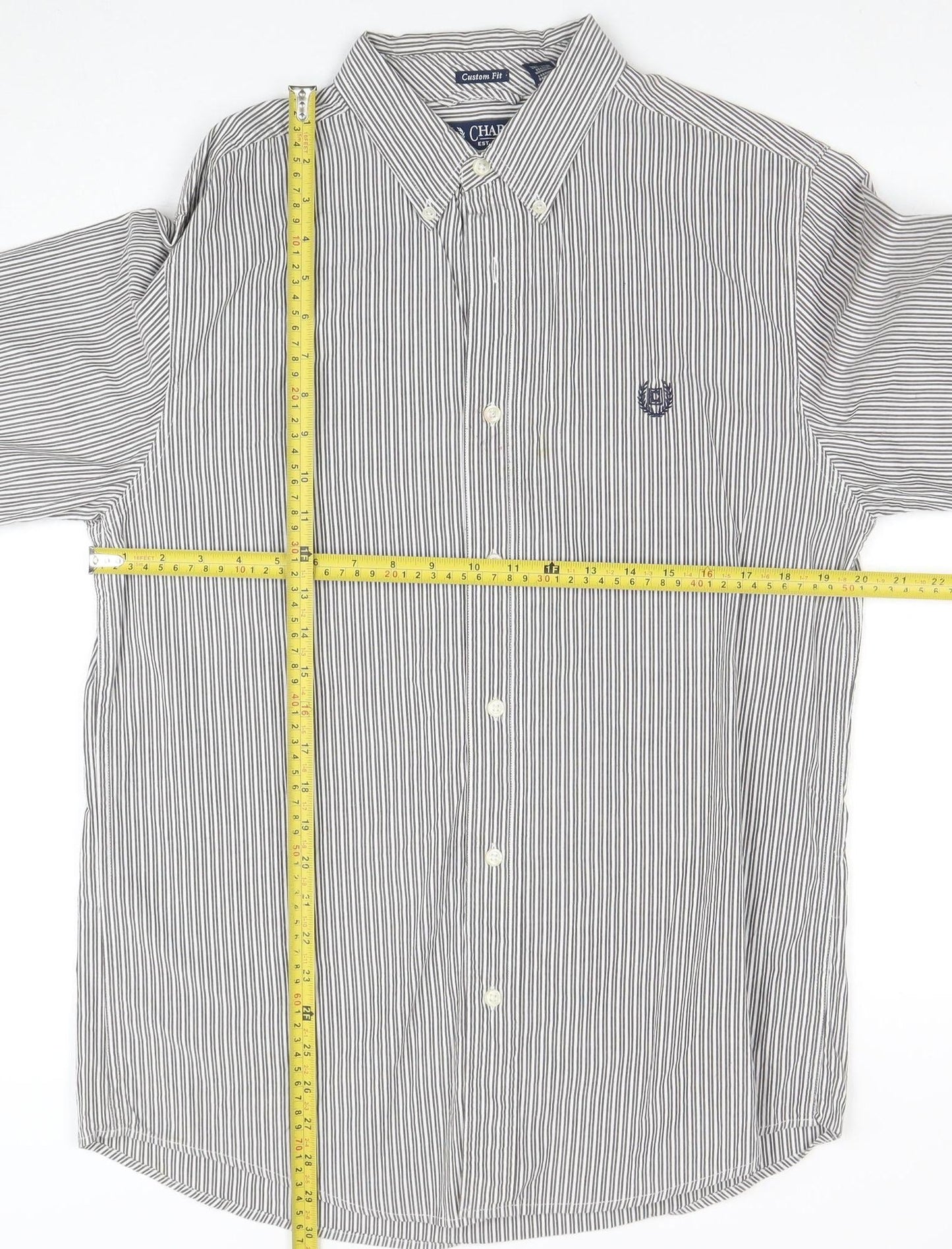 Chaps Men's Grey White Striped Cotton Long Sleeve Button-Up Shirt M