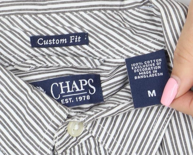 Chaps Men's Grey White Striped Cotton Long Sleeve Button-Up Shirt M