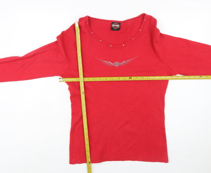 Harley-Davidson Womens Red Long Sleeve Studded V-Neck T-Shirt L