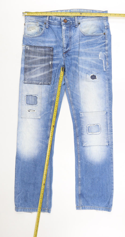 Jack & Jones Men’s Blue Distressed Straight Denim Jeans Size 33/34