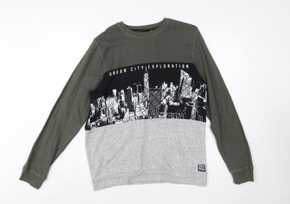 C&A DWD Teens Green Black Grey Urban Graphic Pullover Sweatshirt L