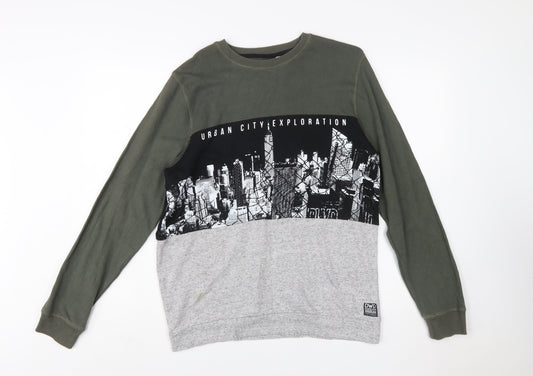C&A DWD Teens Green Black Grey Urban Graphic Pullover Sweatshirt L