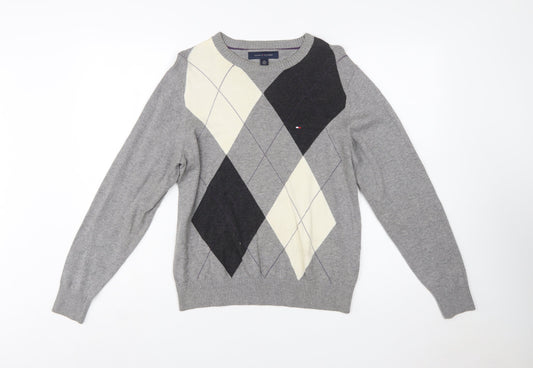 Tommy Hilfiger Men's Grey Argyle Cotton Crew Neck Jumper XS