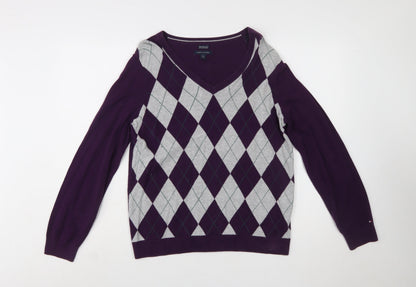 Tommy Hilfiger Women’s Purple Argyle V-Neck Cotton Jumper XL