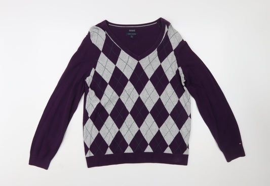 Tommy Hilfiger Women’s Purple Argyle V-Neck Cotton Jumper XL