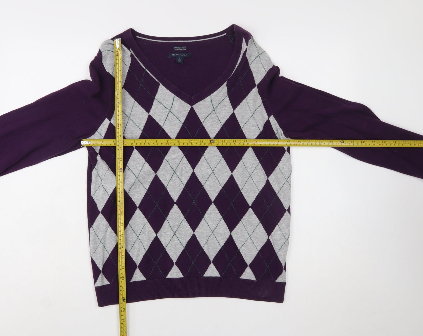 Tommy Hilfiger Women’s Purple Argyle V-Neck Cotton Jumper XL