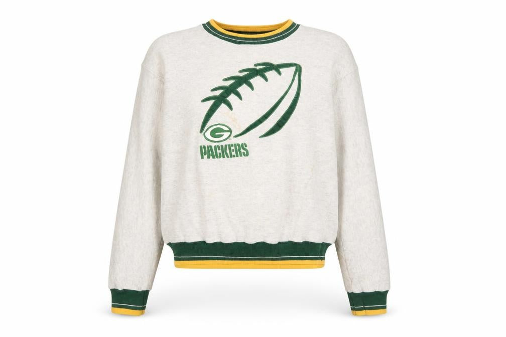 Front view of Legends Athletic unisex kids grey packers pullover sweatshirt xl vintage