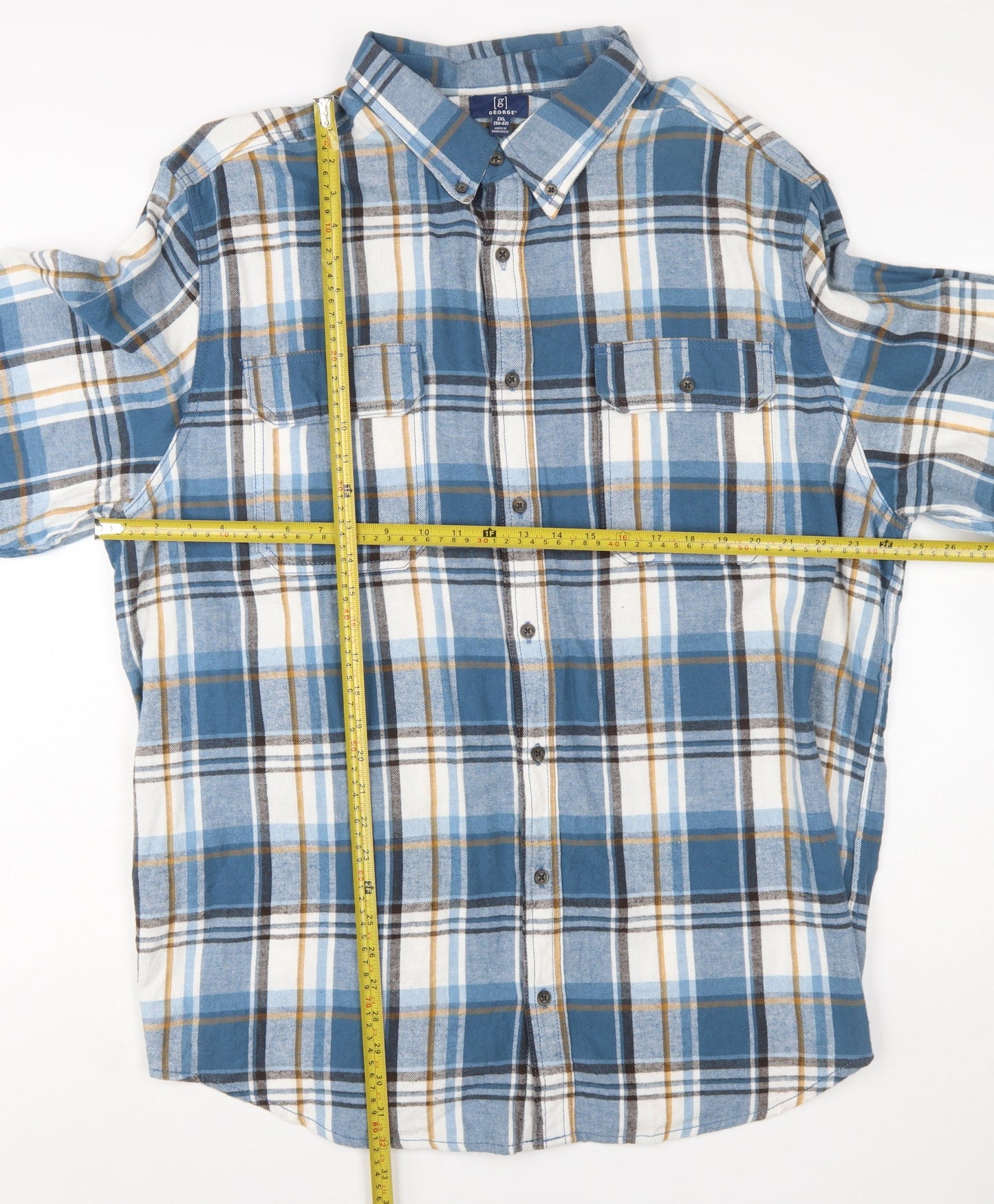 George Men’s Blue Check Flannel Button-Up Shirt 2XL Regular Fit