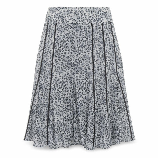 Front view of Dunnes women’s grey animal print midi a-line skirt, size UK 8