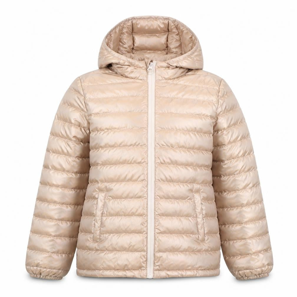 Front view of Mountain Warehouse girls’ beige hooded puffer jacket 13 years water resistant