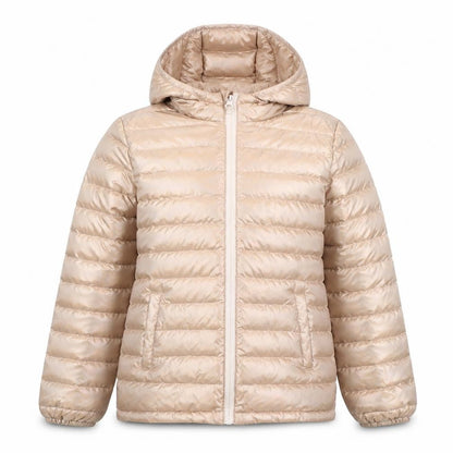 Front view of Mountain Warehouse girls’ beige hooded puffer jacket 13 years water resistant