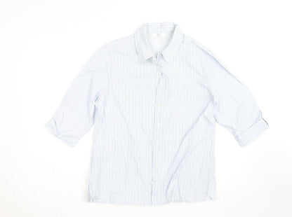 Marks and Spencer Mens Blue Striped Cotton 3/4 Sleeve Shirt Size 14