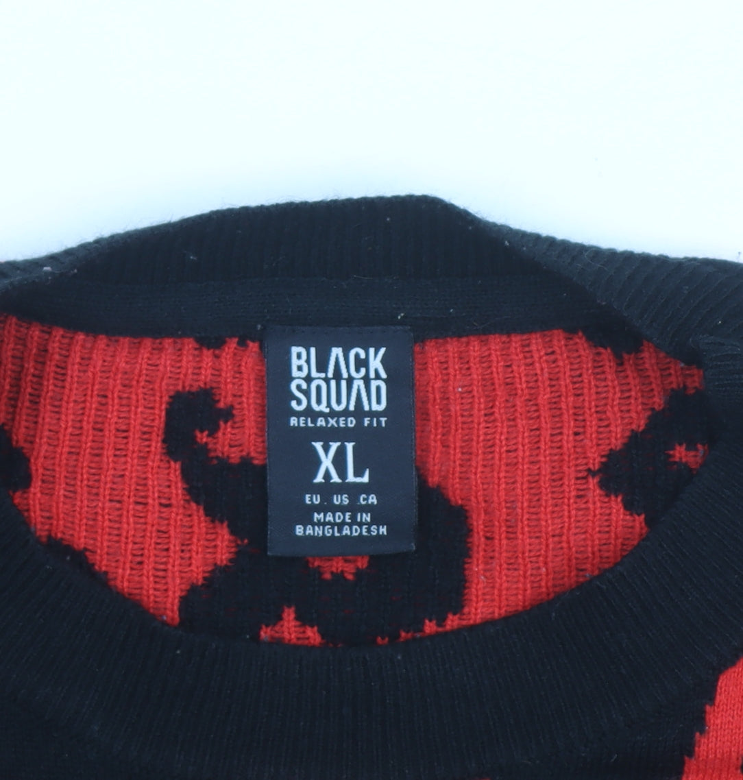 Black Squad Men's Red Black Graphic Knit Pullover Jumper XL