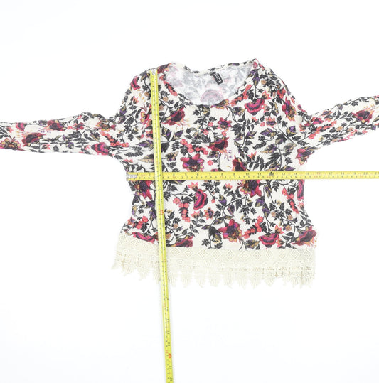 H&M Divided Women’s Multicoloured Floral Cropped Knit Lace Hem Long Sleeve Blouse XS