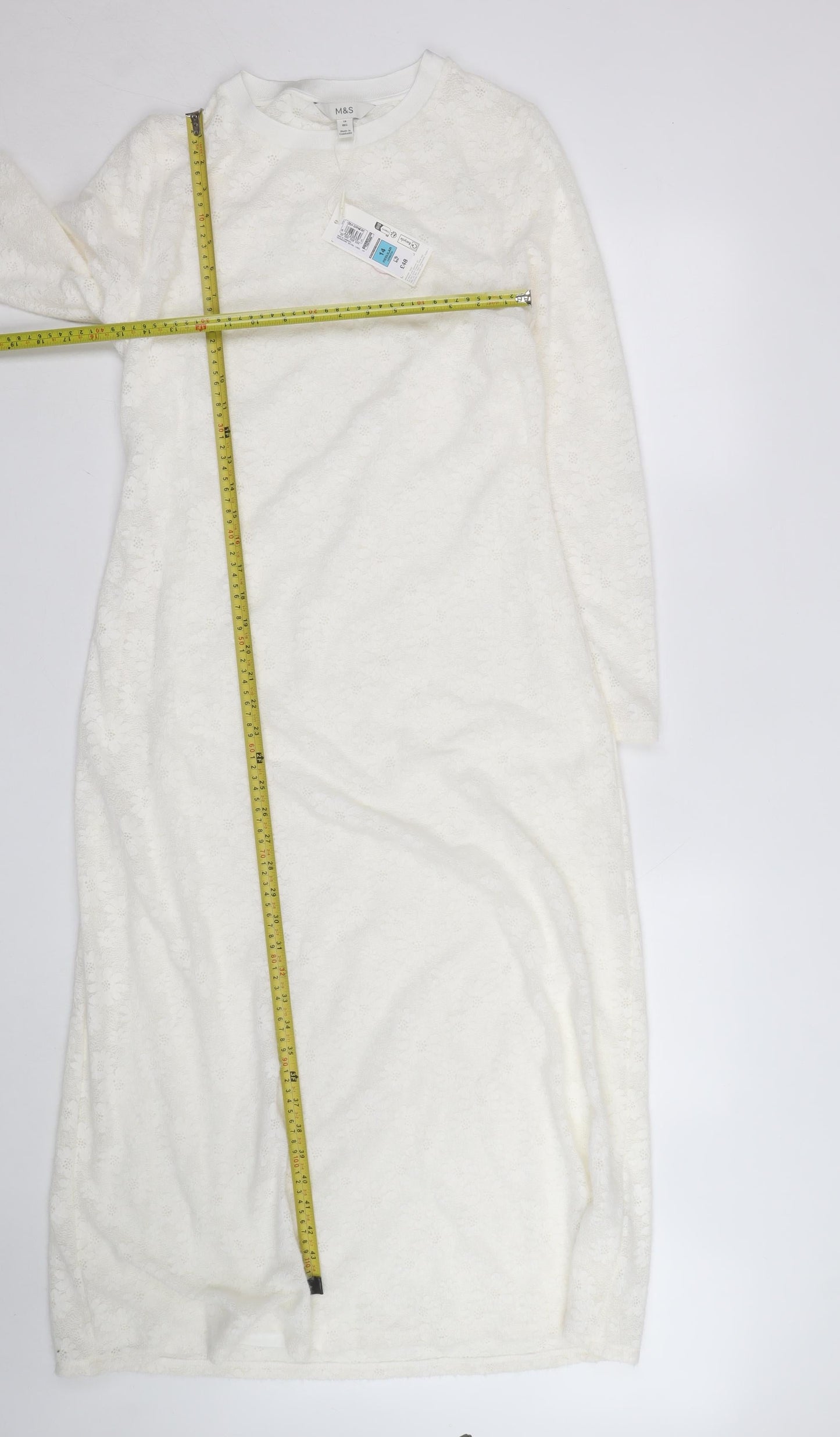 Marks and Spencer Women White Cotton Blend Lace Midi Shift Dress Size 14