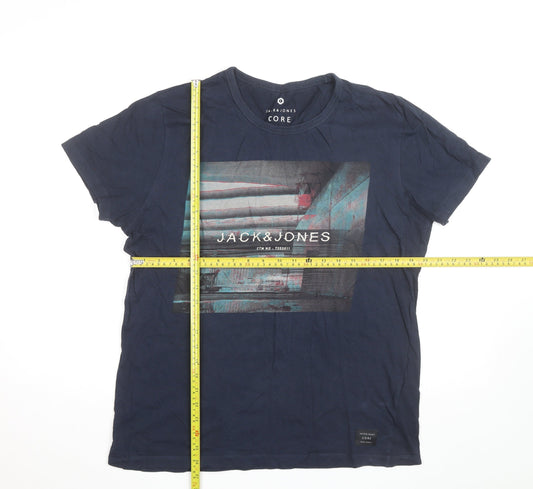 Jack & Jones Mens Navy Graphic Print Crew Neck Short Sleeve T-Shirt Size L