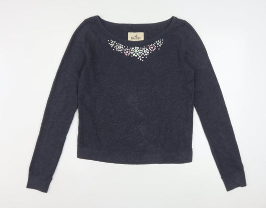 Hollister Women Navy Blue Medium Pullover Sweatshirt with Jewel Accents
