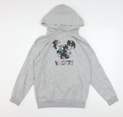 H&M Girls Grey Hoodie 11-12 Years Disney Mickey Floral Cotton Blend Pullover