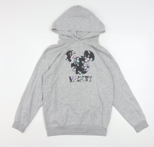 H&M Girls Grey Hoodie 11-12 Years Disney Mickey Floral Cotton Blend Pullover