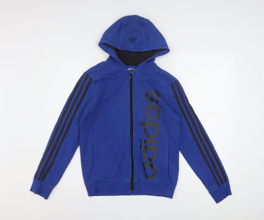 Adidas Boys Blue Full Zip Hoodie 11-12 Years Fleece Cotton Blend