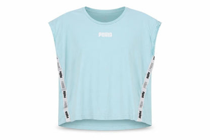 Front view of Puma boys’ blue sleeveless t-shirt 15-16 years sports logo top
