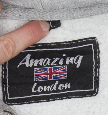 Amazing London Men's Grey Pullover Hoodie L Embroidered Flag Design