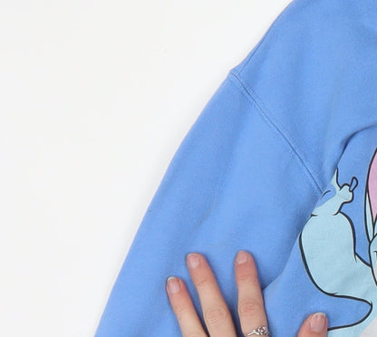 Disney Women Blue Stitch Pullover Hoodie L Cotton Blend Graphic