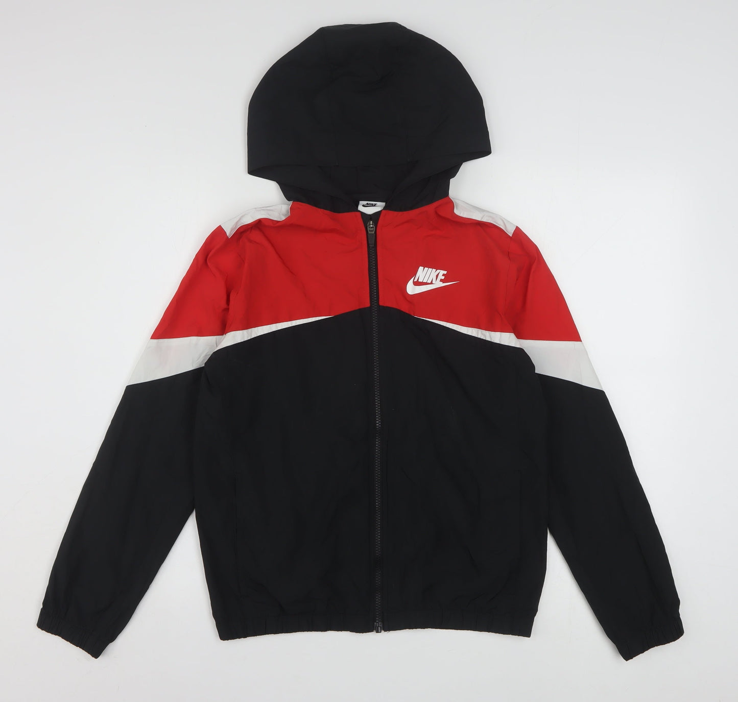 Nike Womens Red Black Hooded Windbreaker Jacket L Polyester Lightweight