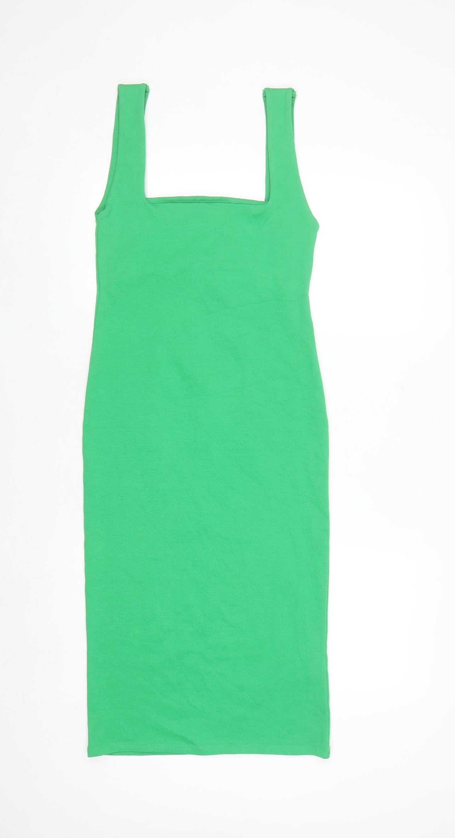 Zara Women Green Bodycon Midi Dress Size 14 Sleeveless Stretch Cotton
