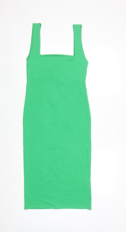 Zara Women Green Bodycon Midi Dress Size 14 Sleeveless Stretch Cotton