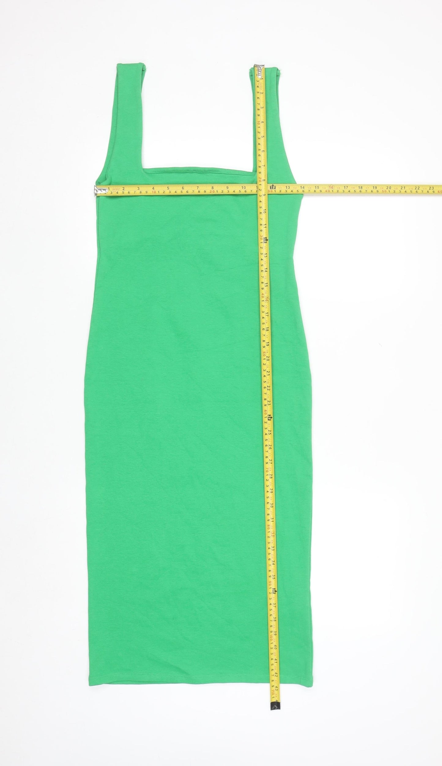 Zara Women Green Bodycon Midi Dress Size 14 Sleeveless Stretch Cotton
