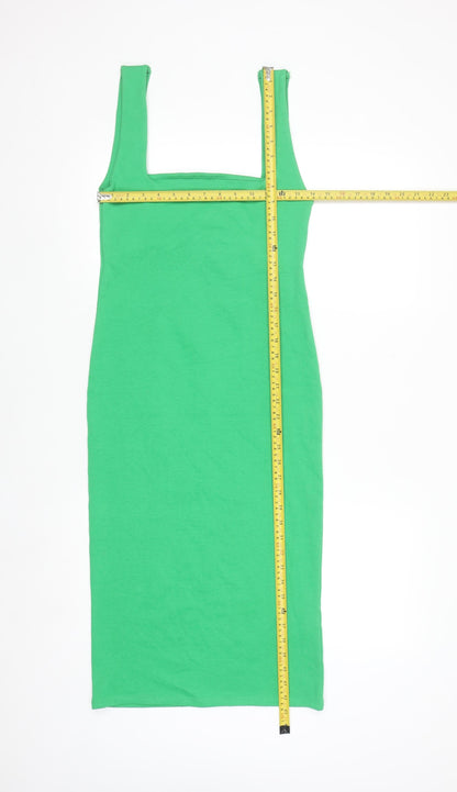 Zara Women Green Bodycon Midi Dress Size 14 Sleeveless Stretch Cotton