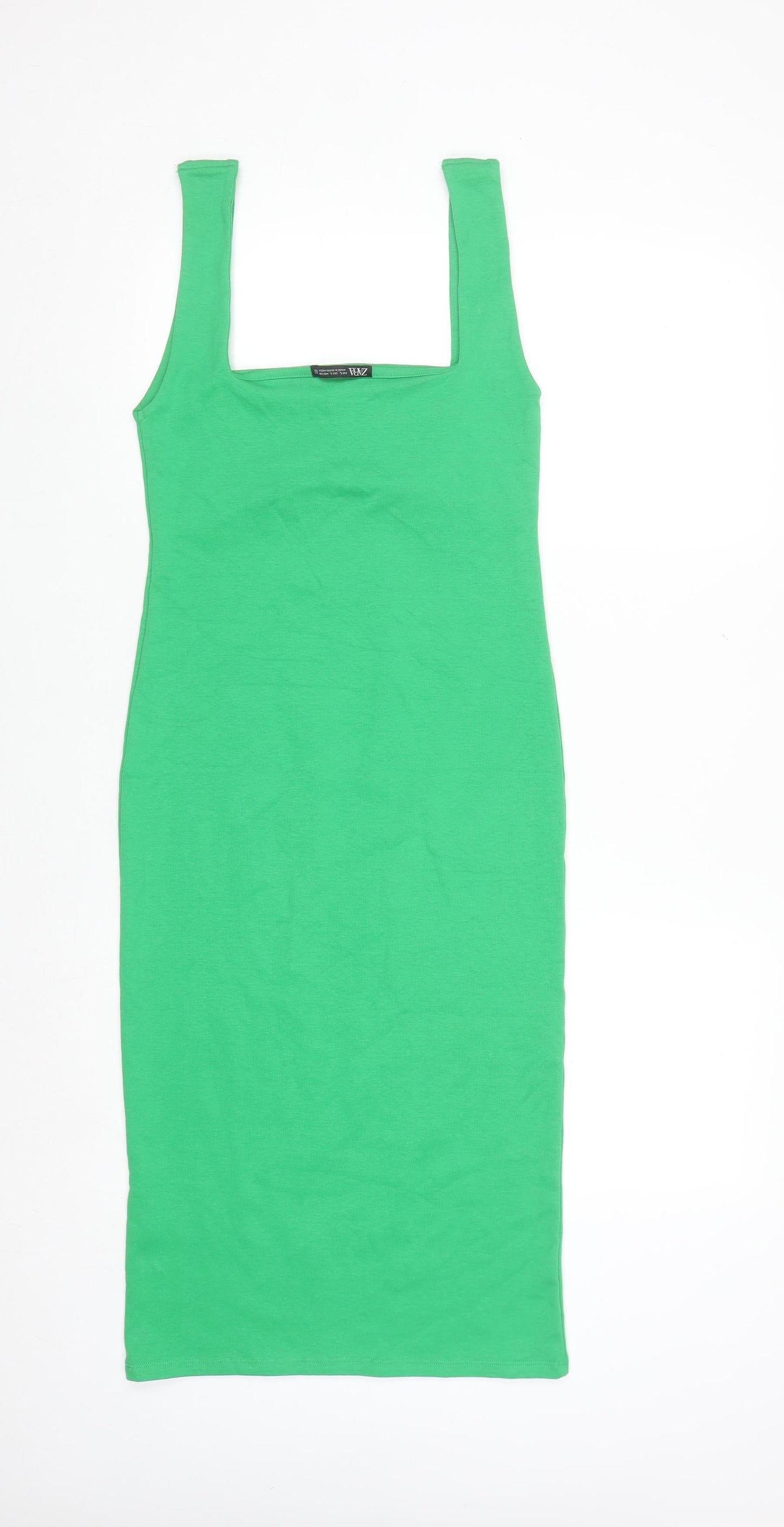 Zara Women Green Bodycon Midi Dress Size 14 Sleeveless Stretch Cotton