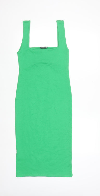 Zara Women Green Bodycon Midi Dress Size 14 Sleeveless Stretch Cotton