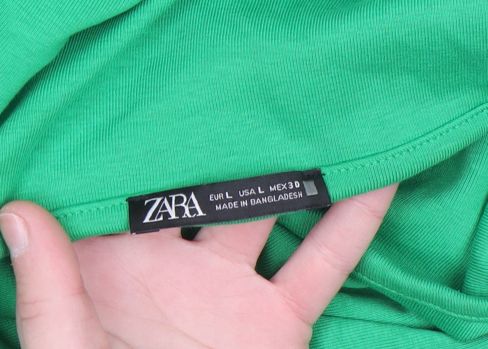 Zara Women Green Bodycon Midi Dress Size 14 Sleeveless Stretch Cotton