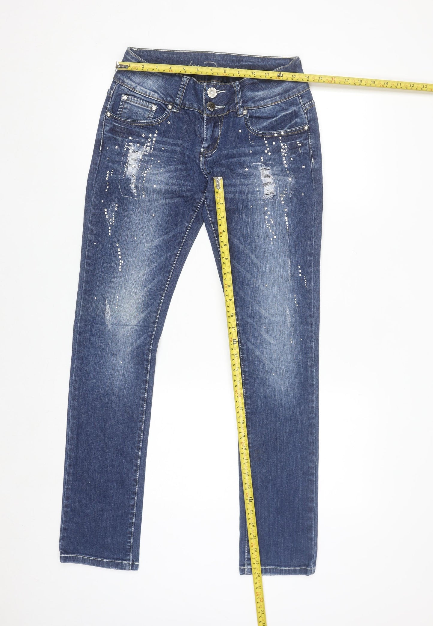 Jane Norman Womens Blue Size 10 Distressed Rhinestone Straight Jeans