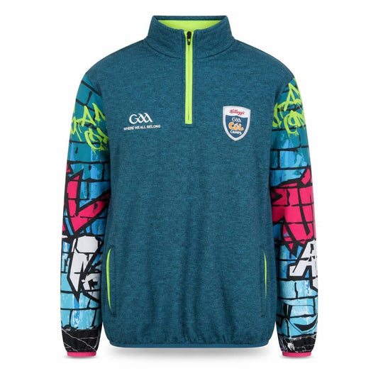 Front view of Masita girls’ blue 1/4 zip sweatshirt gaa kellogg's camp 5a